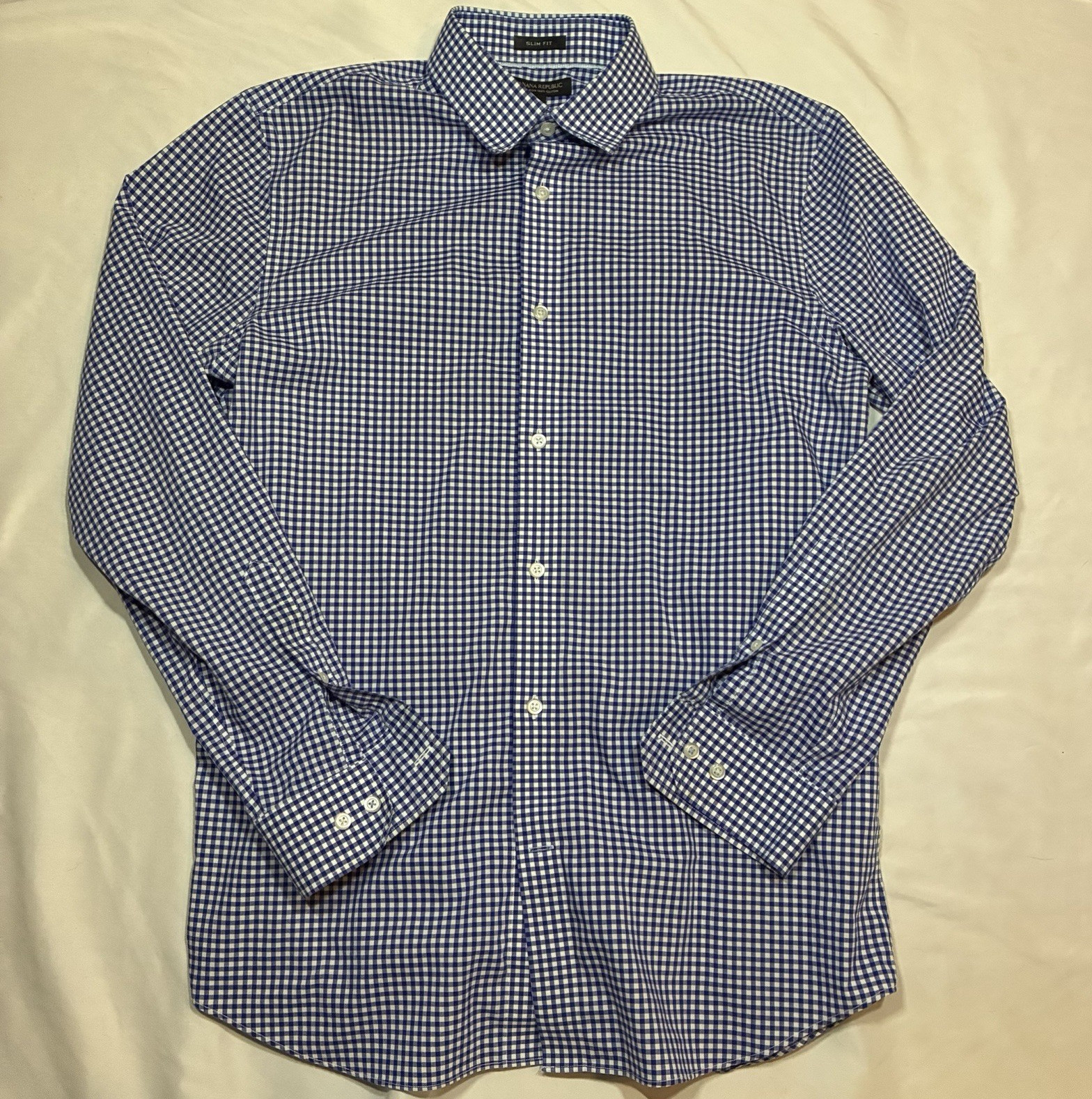 Banana Republic Men’s Non-Iron Slim Fit Blue/White Gingham Cotton Dress Shirt L