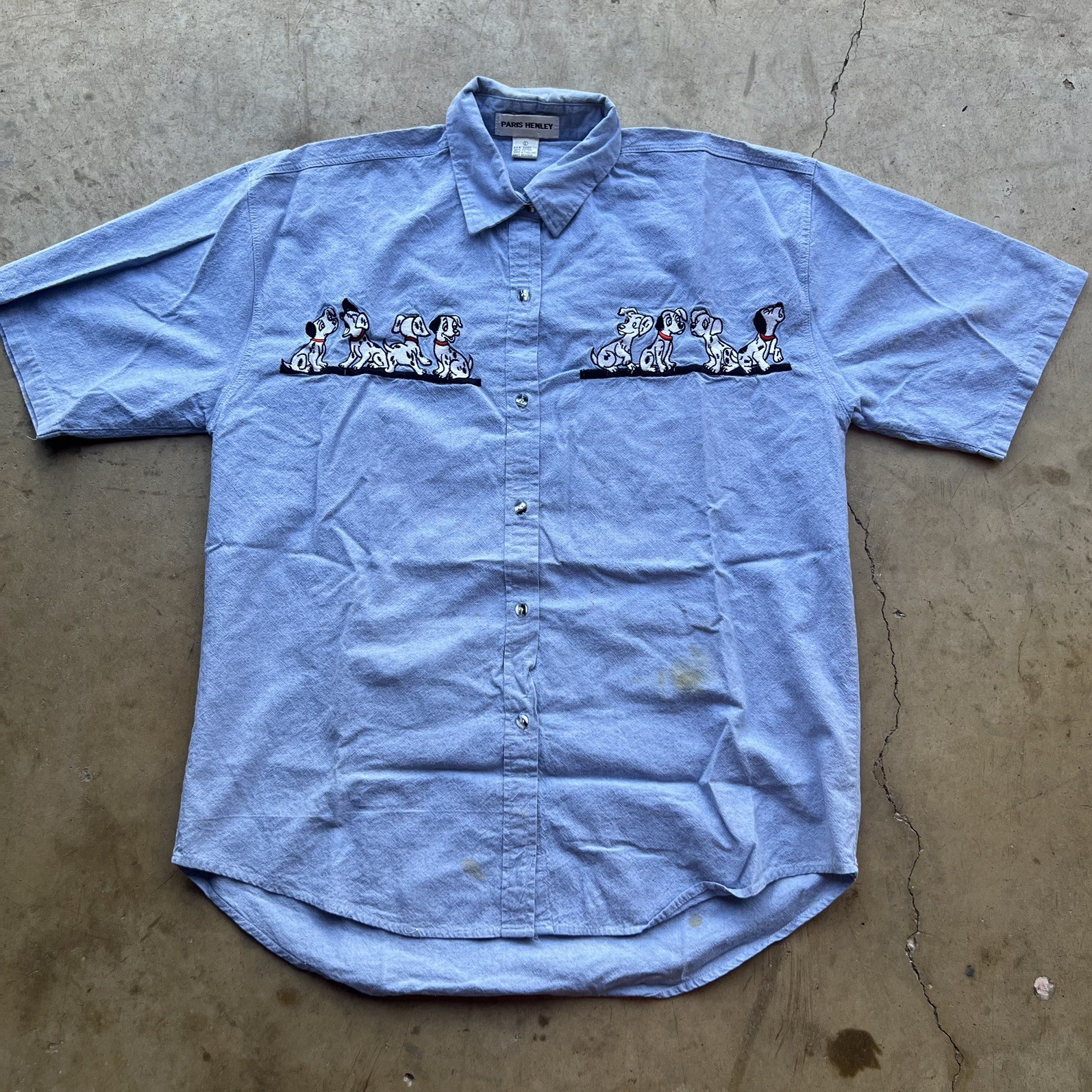 Vintage 90s Paris Henley Disney 101 Dalmatians Button Up Shirt Men’s Large Stain