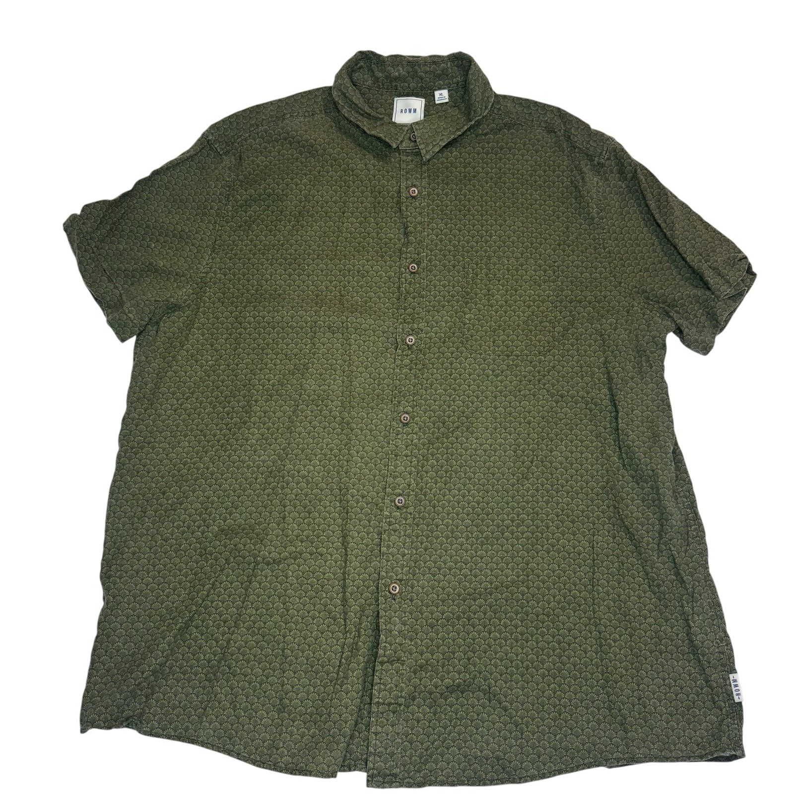 ROWM Men’s XL Green Hemp Blend Short Sleeve Button Front Shirt Geometric Casual