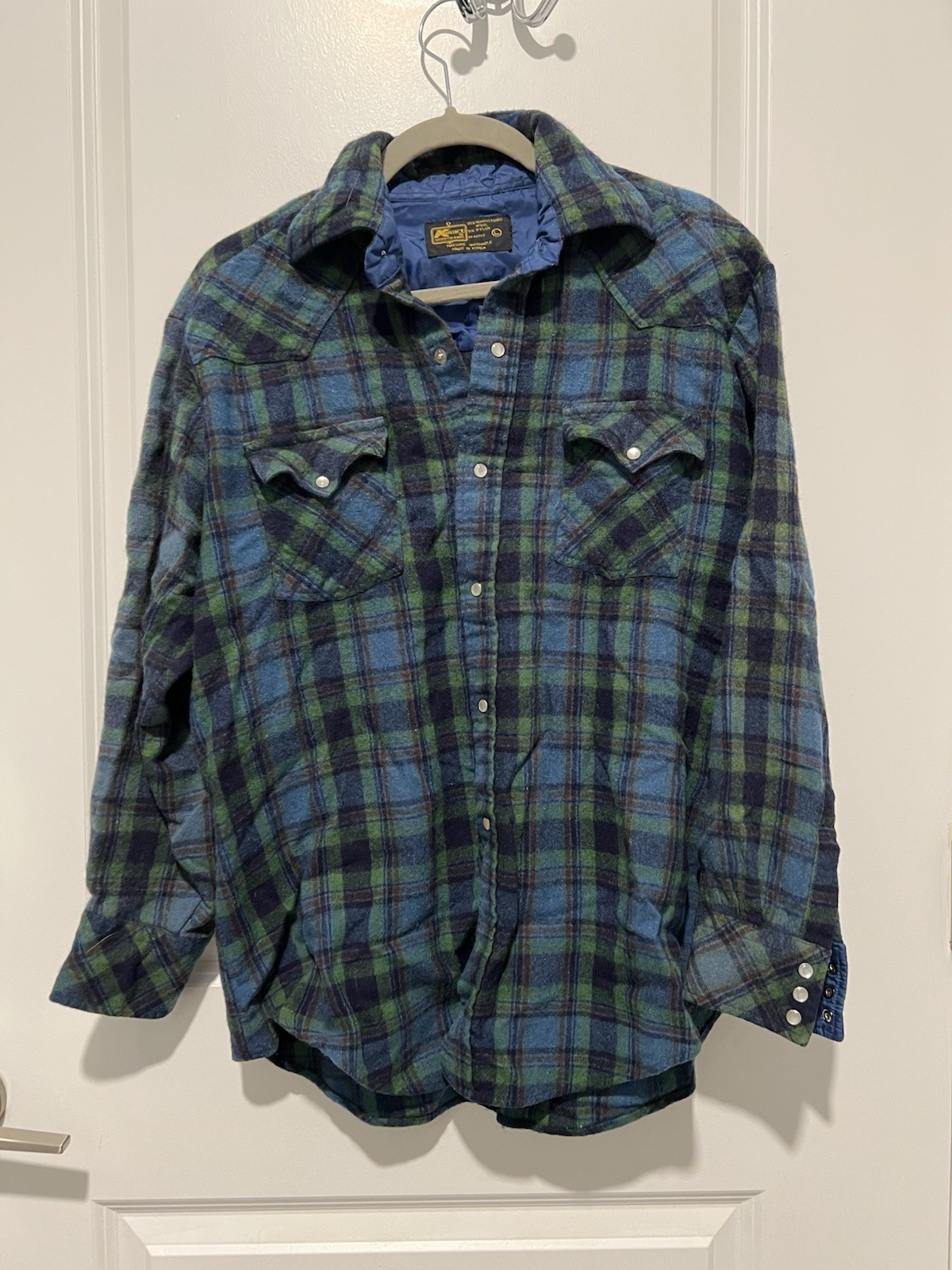 Vintage Kmart Plaid Wool Flannel Button Up Shirt Size L Machine Washable Blue