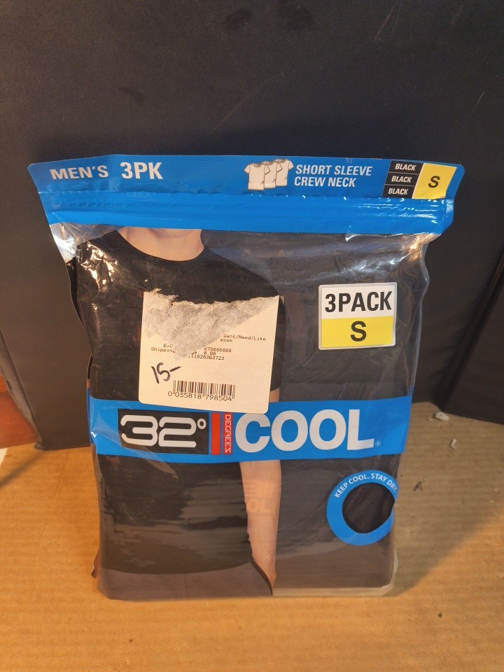 MENS 32 DEGREES COOL 3 PK SHORT SLEEVE CREW NECK Black T-SHIRT, Size: S