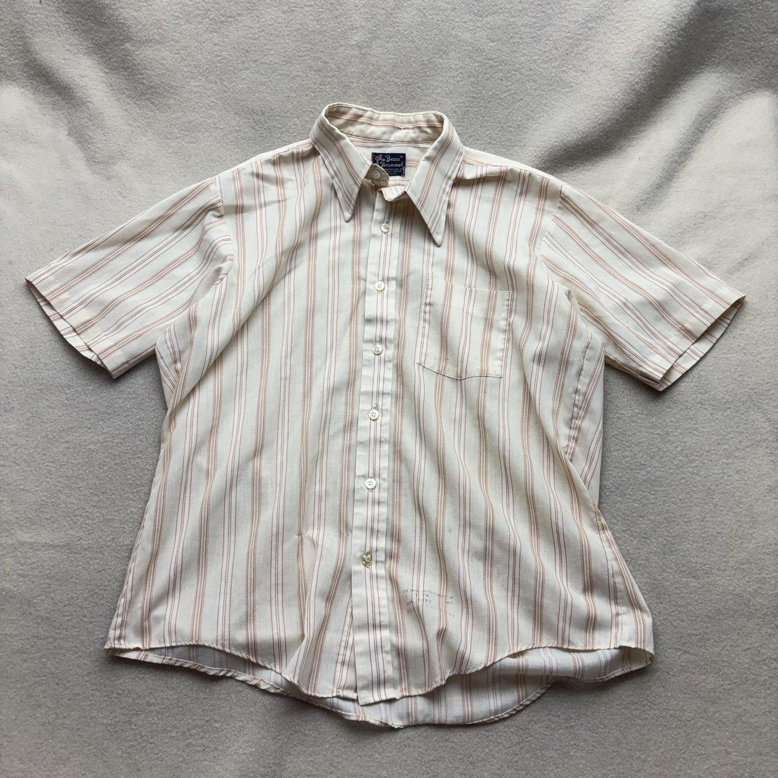 Vtg Beau Brummel Shirt Mens 16 L Button Front Short Sleeve Casual Orange Stripe