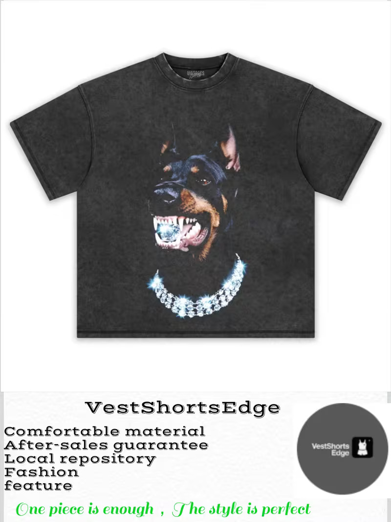 Black Washed Men’s T-shirt Doberman Dog with Diamond Collar Print Soft Comfortab