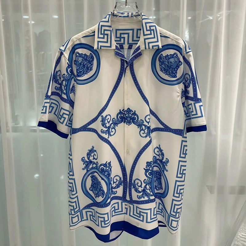 Button Down Shirt Men Fashion Blue and White Vintage Short Sleeve Fashion Shirts