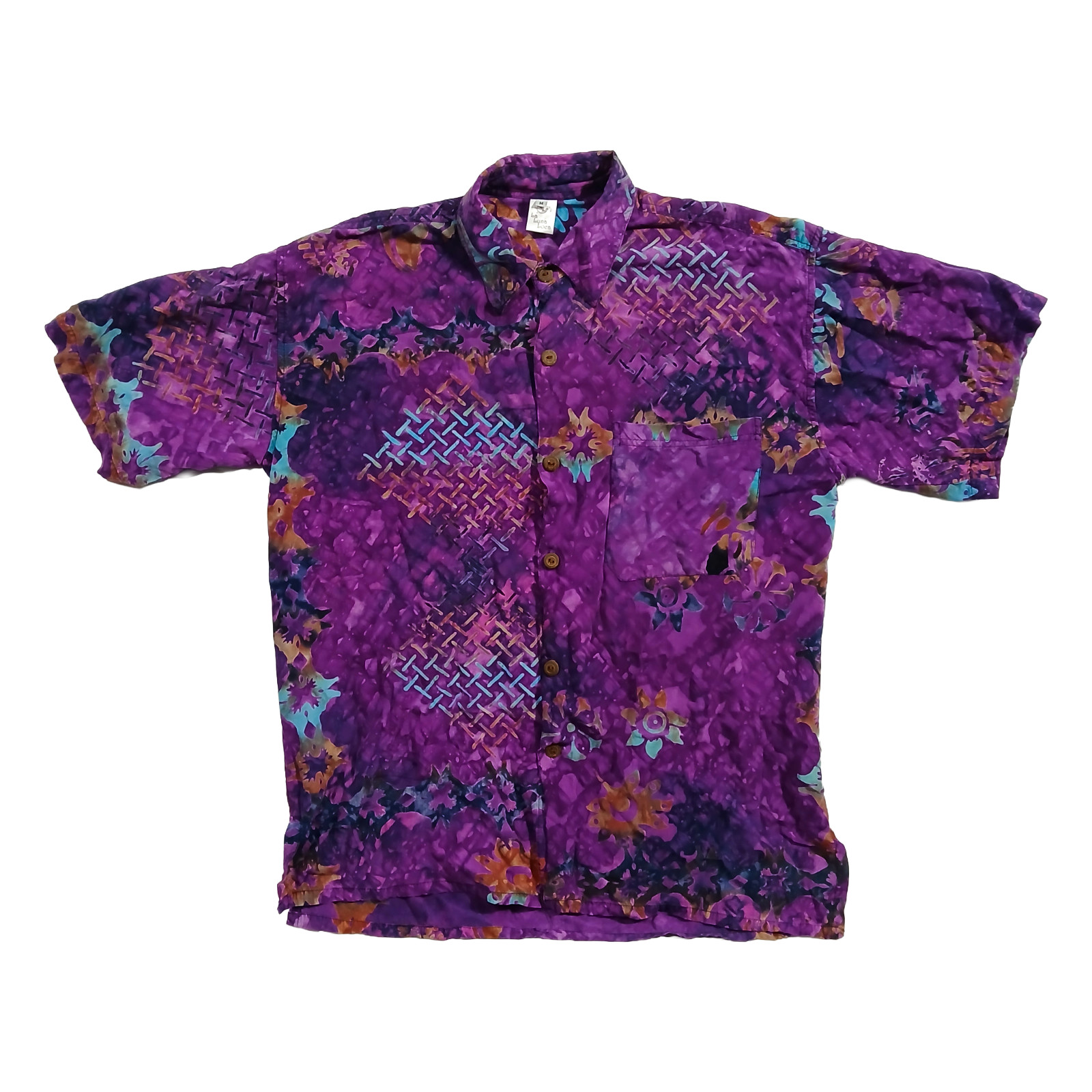 La Luna Loca Bali Batik Shirt Mens M Purple Rayon Abstract Short Sleeve Vintage
