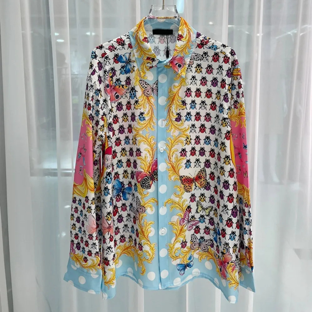 Button Down Shirt Men Fashion Color Mix Print Summer Long Sleeve Casual Shirts