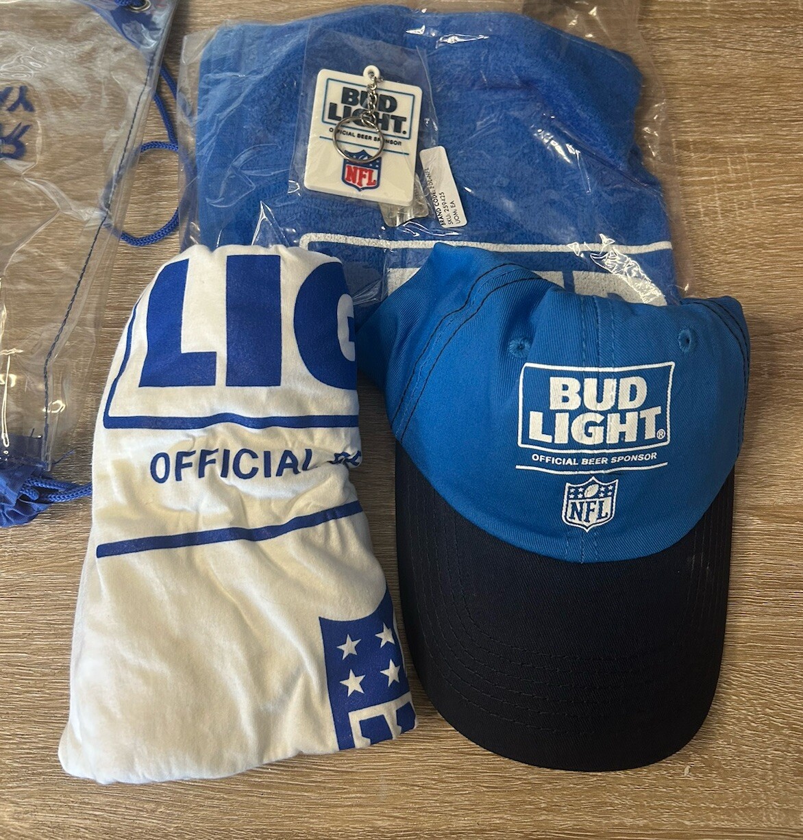 Bud Light Beer Be Clear On Game Day Bag NFL Adult L Shirt Hat Towel Keychain Lot