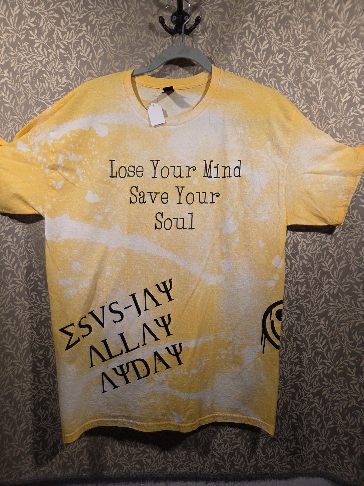 #121 Yellow White Bleach Tie-Dye Print T-Shirt Cotton Unisex L Crew Short