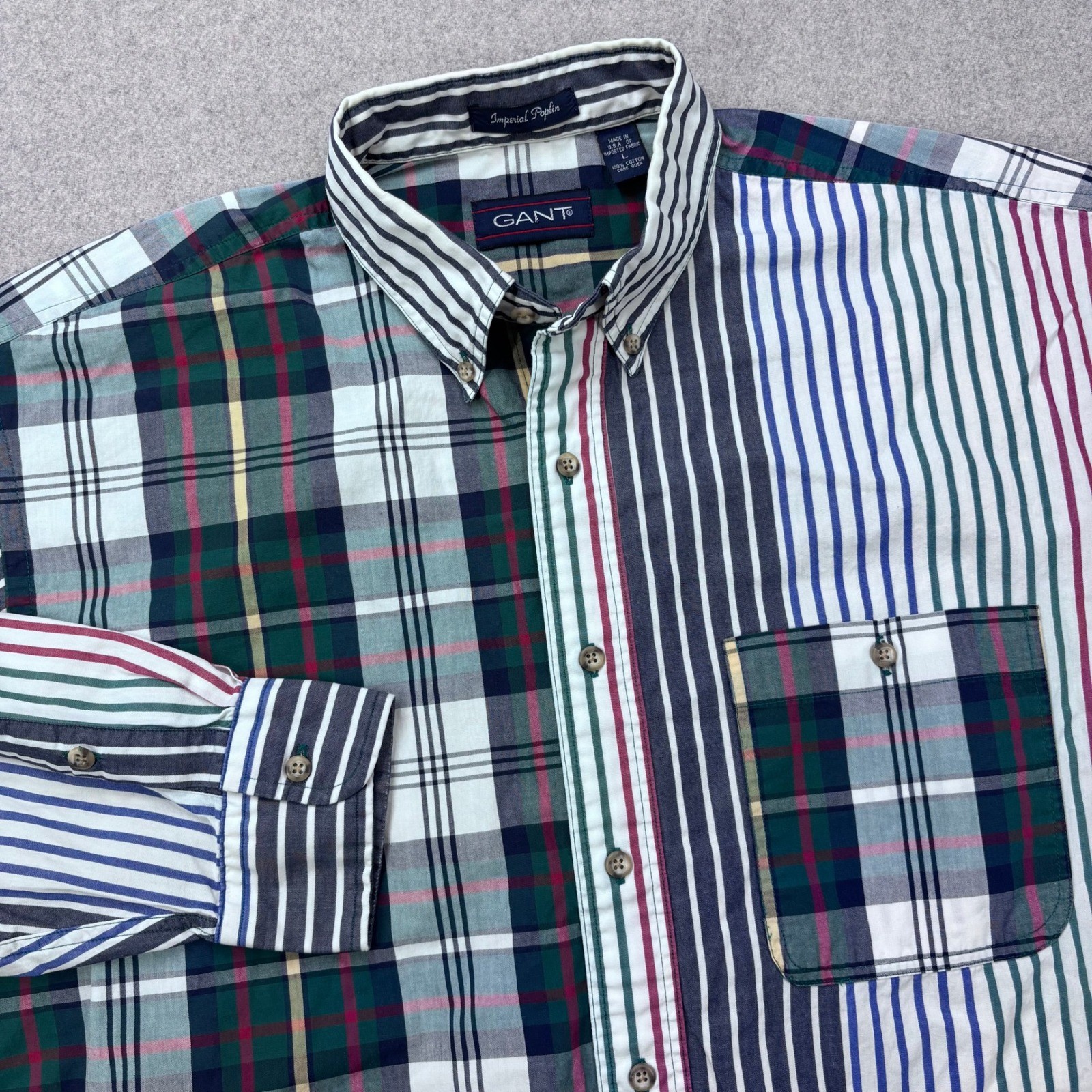 Vtg 90s Gant Imported Poplin Plaid Striped Fun Shirt Mens L Colorblock Harlequin