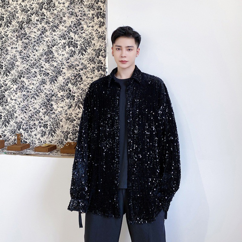 Men Sequined Velvet Button Shirt Long Sleeve Strap Glitter Nightclub Performance