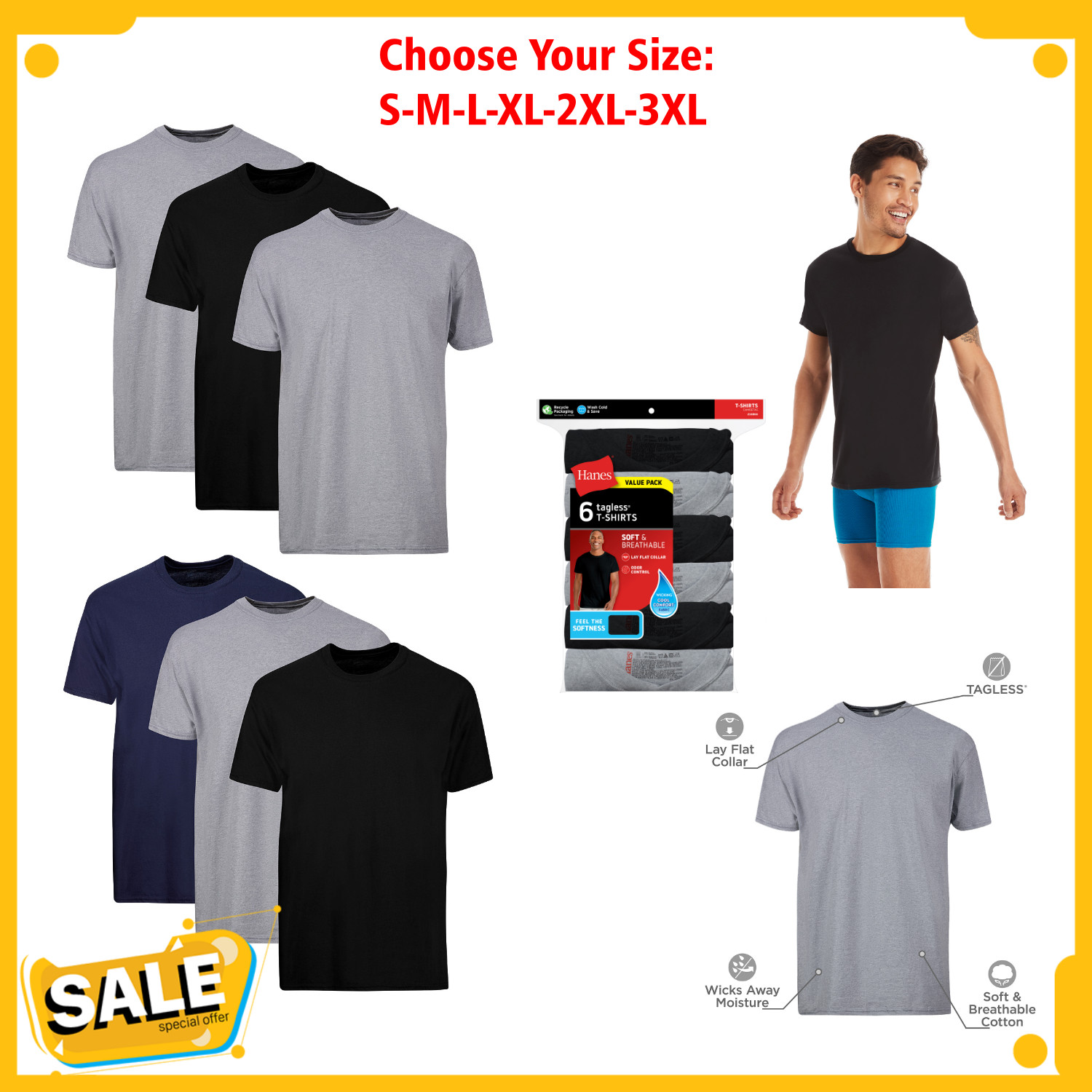 6 Pack Hanes Men’s Value Pack Assorted T-Shirt Undershirts Size S-3XL NEW