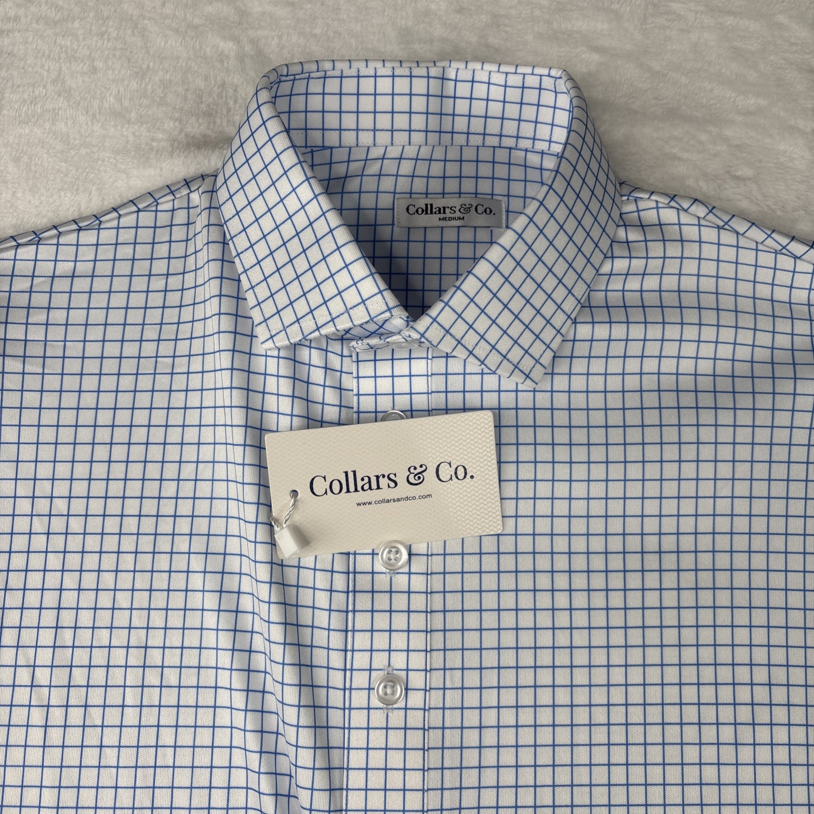Collars and Co Polo Mens Medium – Thin Blue Check – Semi Spread Collar Brand New