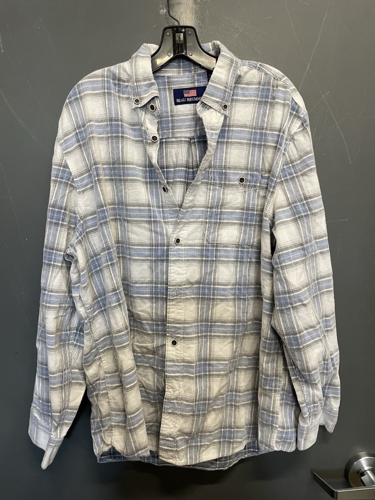 Beau Brunel Blue & White Plaid Long Sleeve Button Up Cotton Flannel Shirt Size L