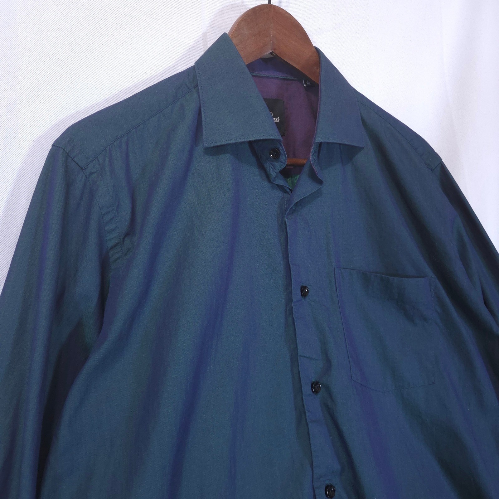 Blackberrys Iridescent Deep Teal Mens Shirt 40 L Cotton Button Down Knot Preppy