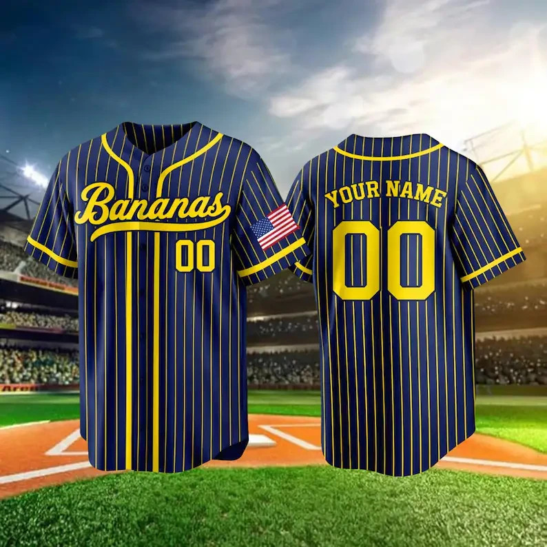 Personalized Custom Name Baseball Jersey Shirt Navy Yellow Pinstripe Shirt Top
