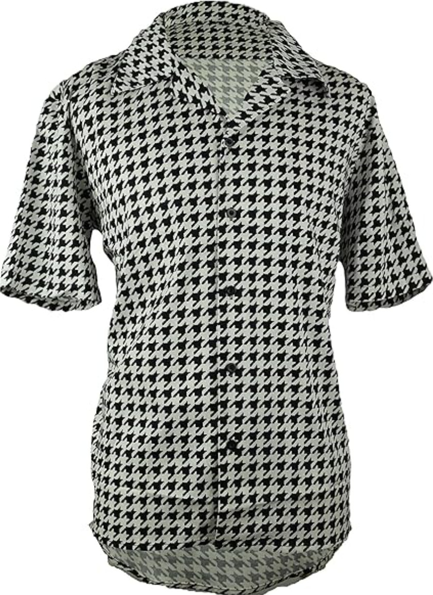Men’s Houndstooth Shirt, Short-Sleeve Button-Down, Black & White XL