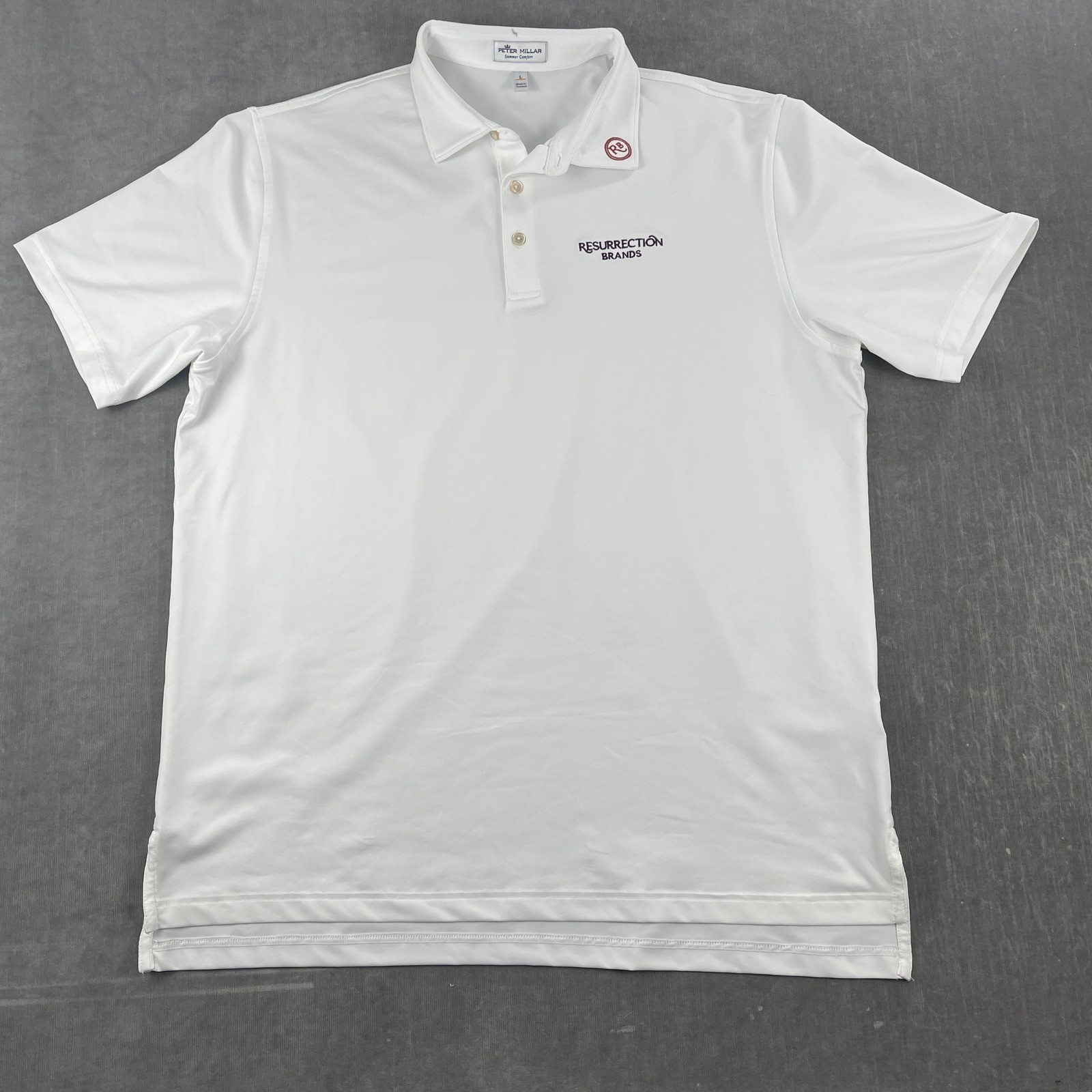 Peter Millar Mens L White Polo Shirt Summer Comfort Resurrection Brands Logo