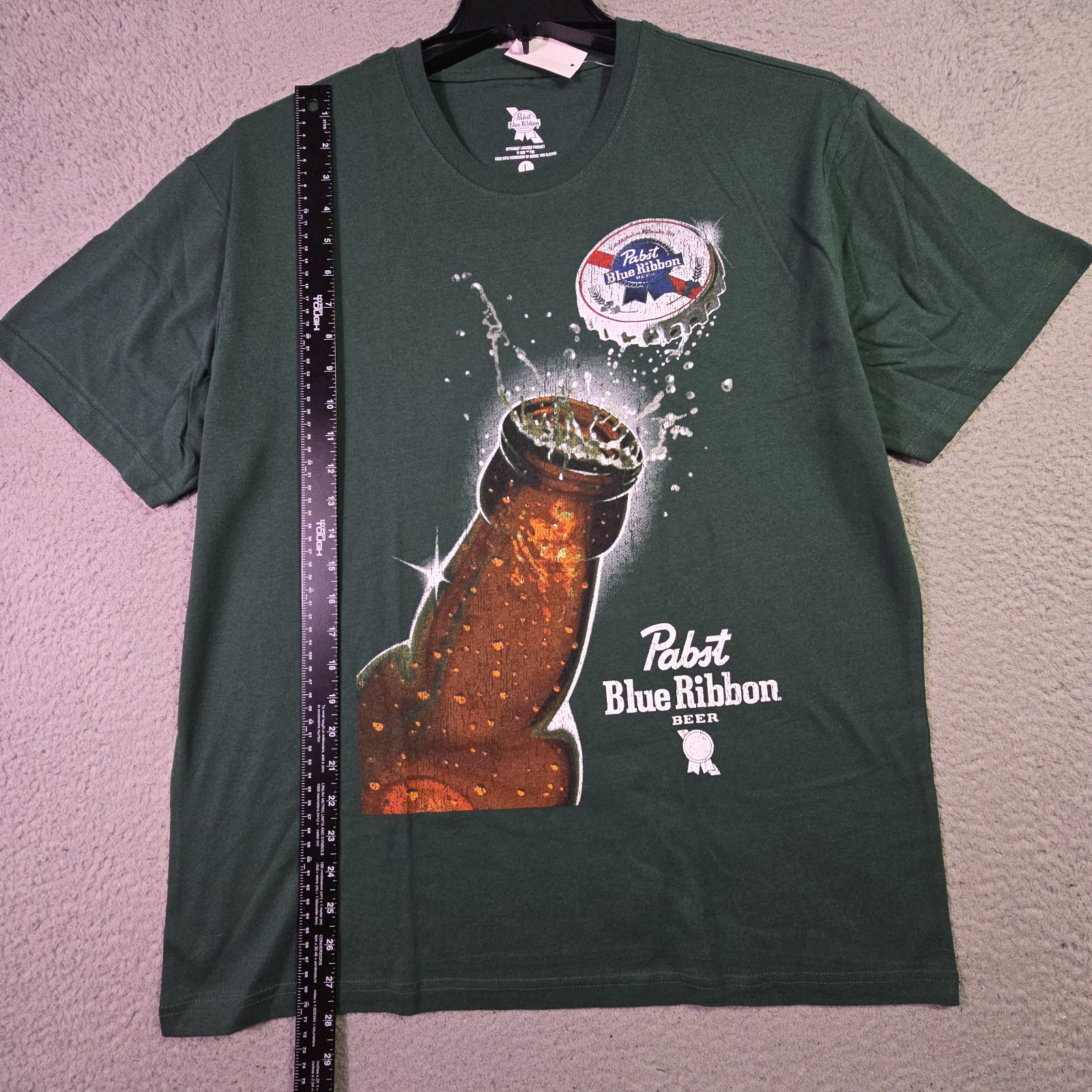 PBR Pabst Blue Ribbon Beer Shirt Mens Large Green Casual Distressed Bottle NWT