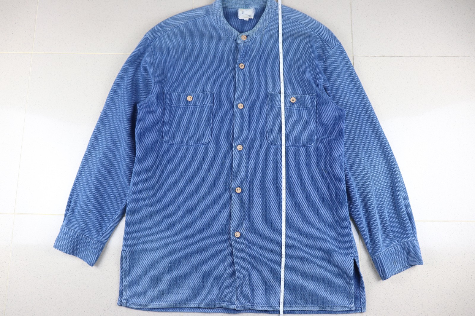 Vintage Japanese Indigo Sashiko Shirt Mandarin Collar Made in Japan Cotton Sz L