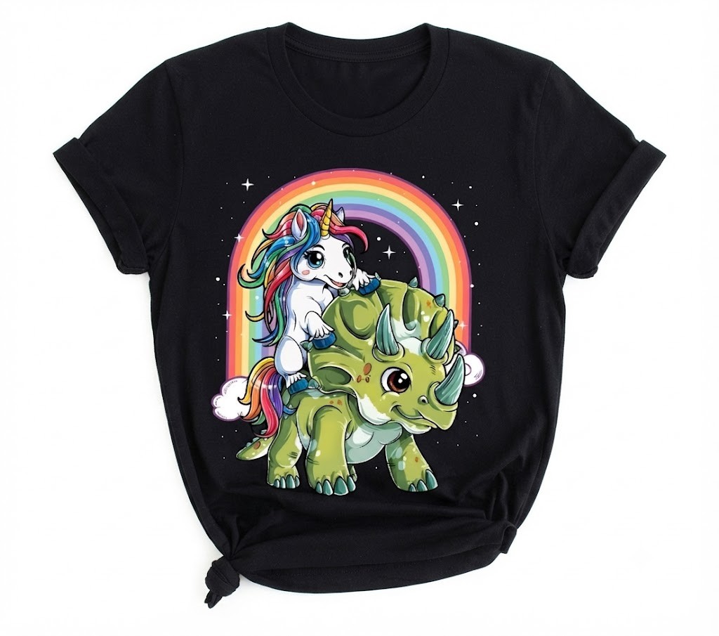 Unicorn Dinosaur Triceratops Rainbow Unicorn Black T-Shirt