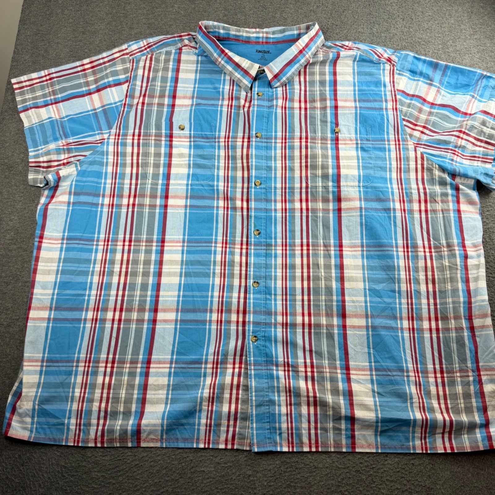 KingSize Button Down Shirt Men’s 7XL Big Blue Red Plaid Short Sleeve 79-0608-4