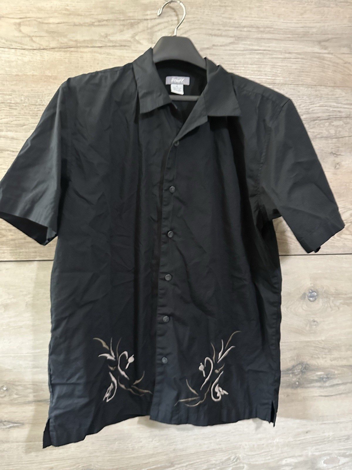 Mens Medium Black Utility Shirt Embroidered Short Sleeve 100 Cotton