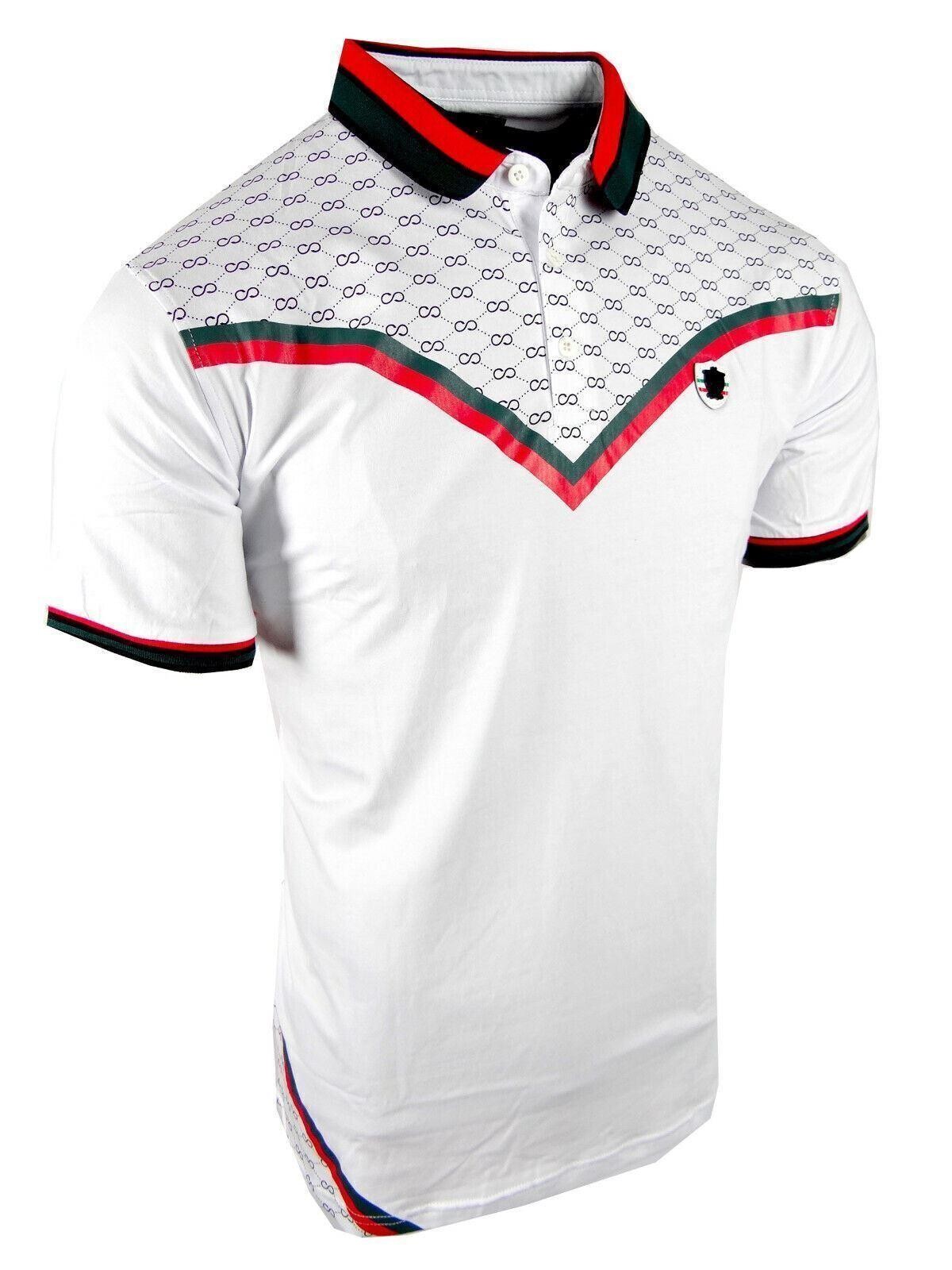 Mens Polo Shirt Italian Chest Stripe Shoulder Prints Badge Slim Fit Golf Stretch