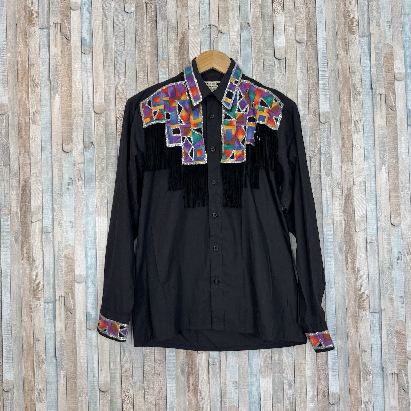Vintage Western 80s Embellished Glitter Fringe Button Down Shirt Colorful Mens L