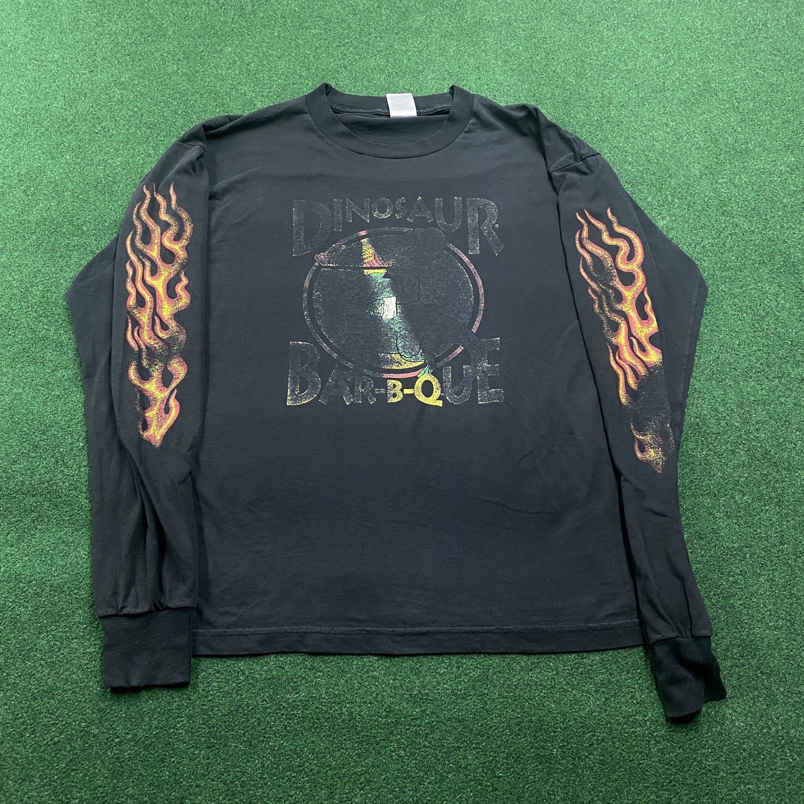 Vintage Flame Sleeves Shirt Mens XL Black 90S Y2K Long Sleeve Fire Print Biker