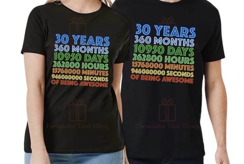 Years of being awesome custom age years months days hours seconds birthday tshir