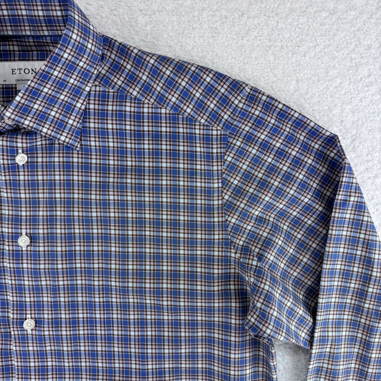 Eton Contemporary Button Up Shirt Size Medium 40 15.75 Blue Brown Plaid
