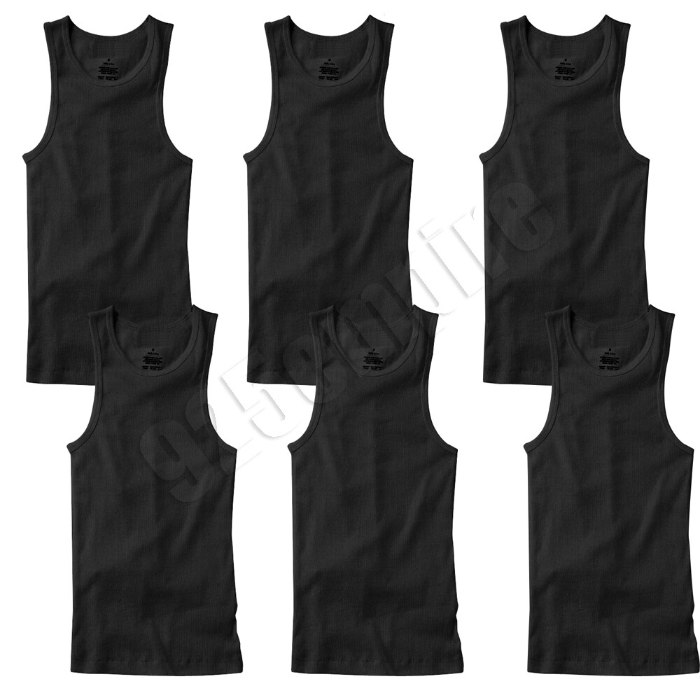 Men 100%Cotton Ribbed Black Tank Top A-Shirt Wife Beater Undershirts Size:S-2XL