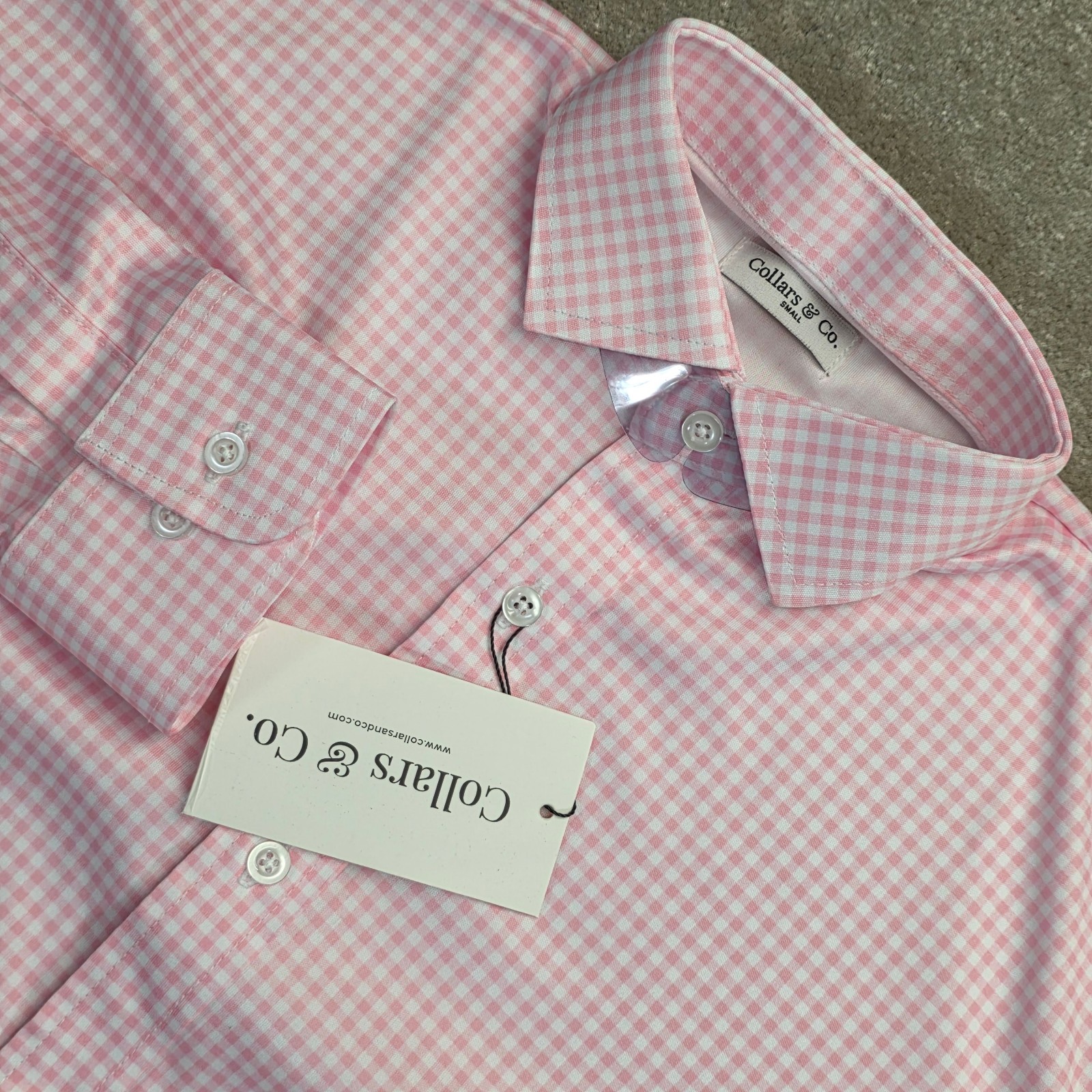 Collars and Co Men Dress Collar Stretch Long Sleeve Polo Shirt Sz S Pink Gingham