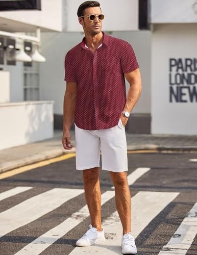 Men’s Polka Dots Button Down Shirt Short Sleeve Turn-Down Collar Wine Red Mens