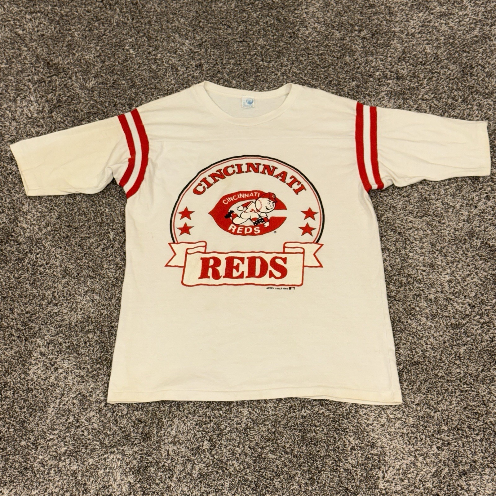 Vintage 80s Cincinnati Reds Pique Jersey T Shirt Varsity Striped Shoulders L-XL