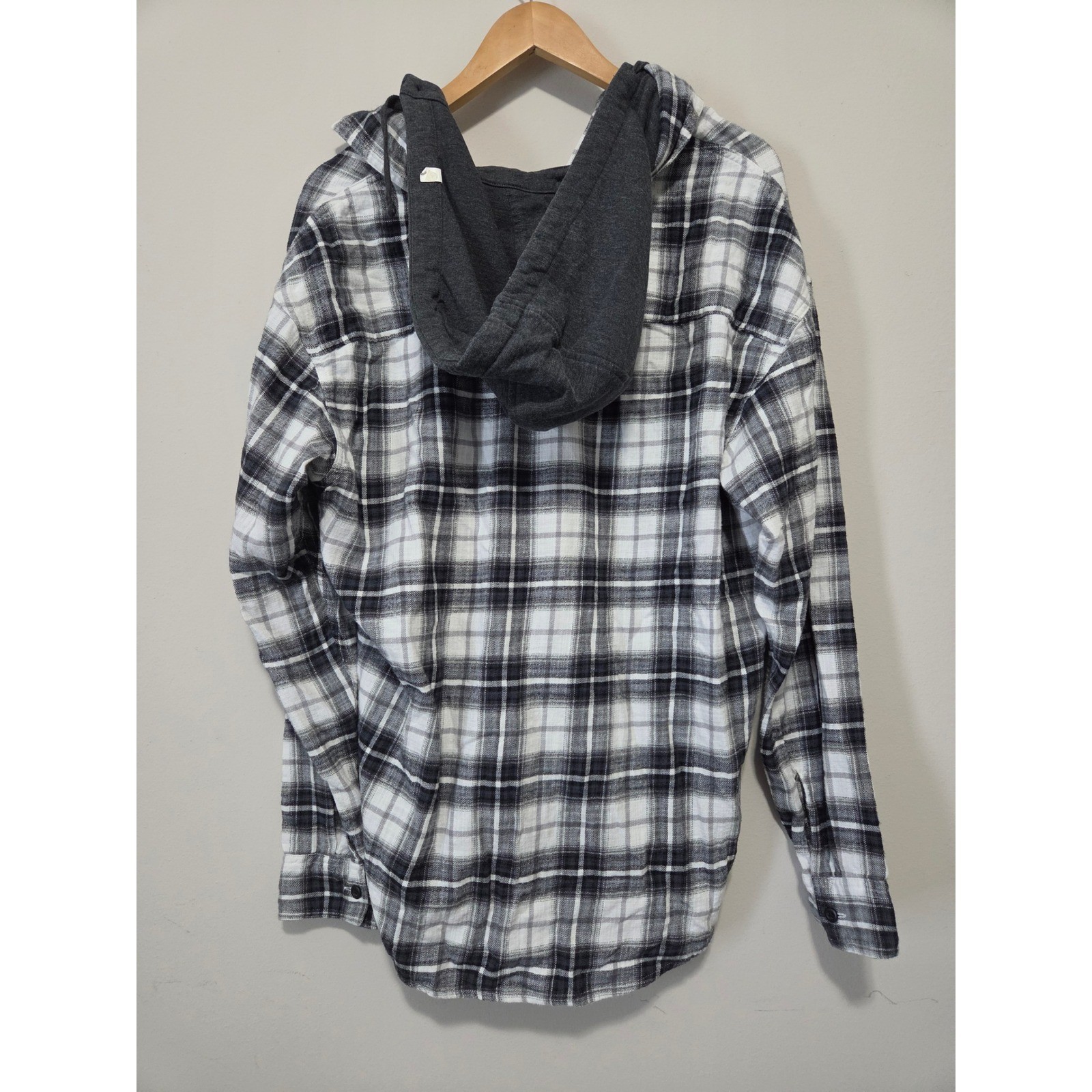 American Eagle Mens Black White Plaid Super Soft Hooded Flannel Shirt Large