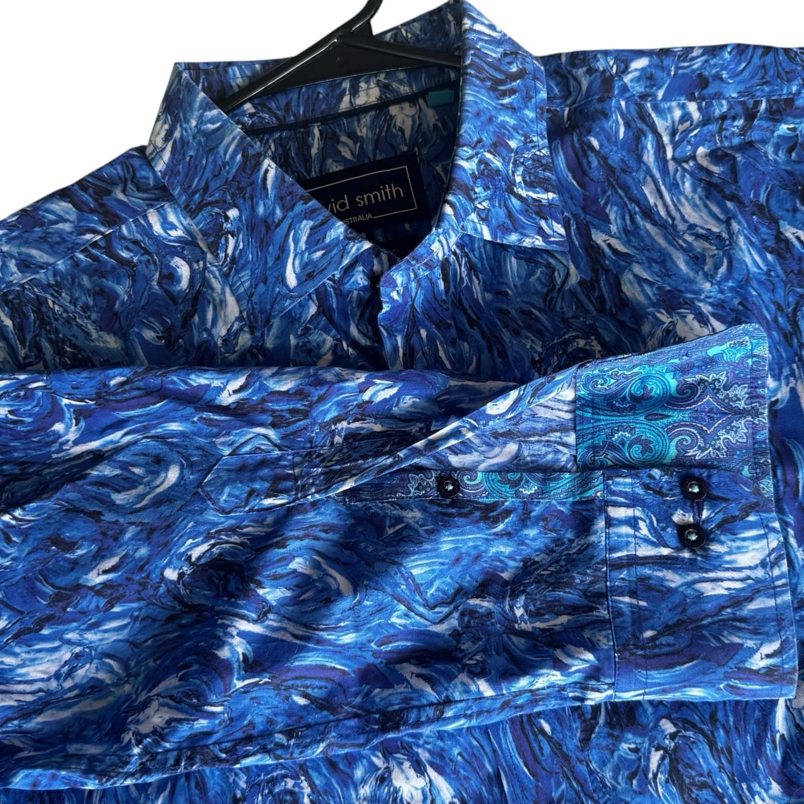 David Smith XL Blue Abstract Button Up Shirt L/S Statement Print Casual