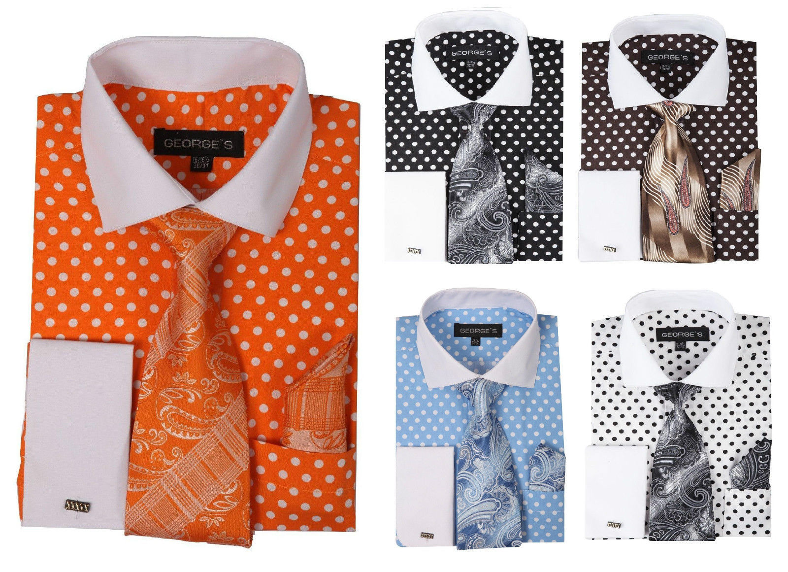 Men’s Cotton Polka Dot Dress Shirt Set #613 Contrast Spread Collar French Cuff