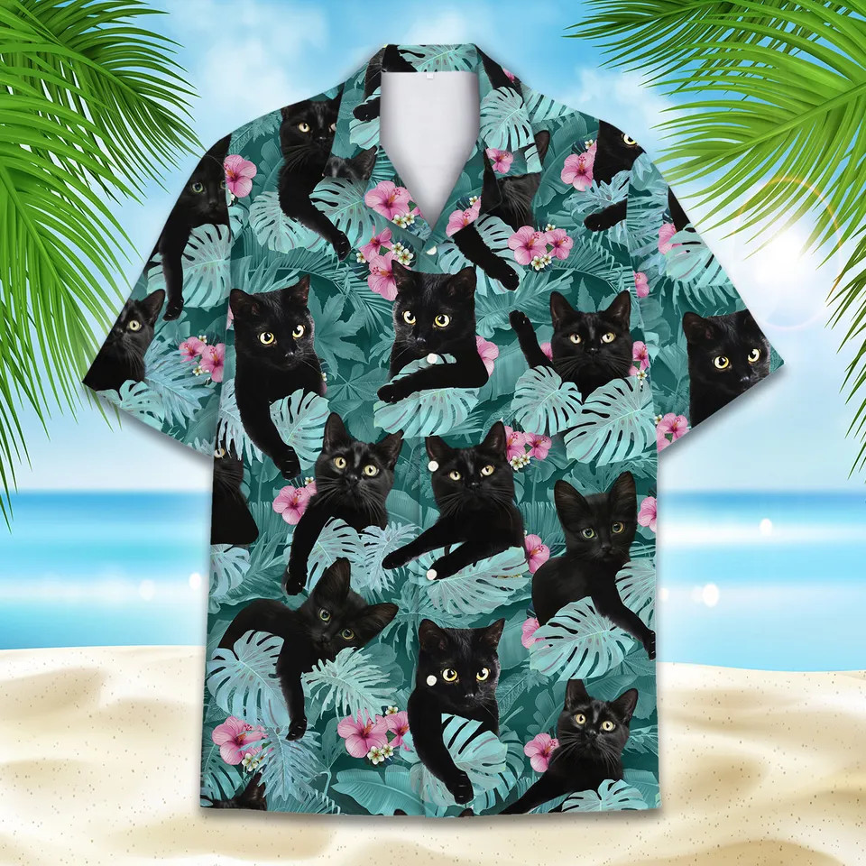 Tropical Black Cat Hawaiian Shirt Aloha Summer Beach Cat Lover Gift