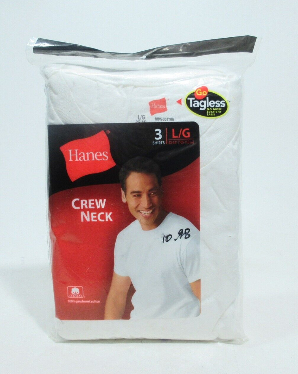 Hanes Crew Neck T Shirt Undershirt Large White 3 Pack Tagless Cotton