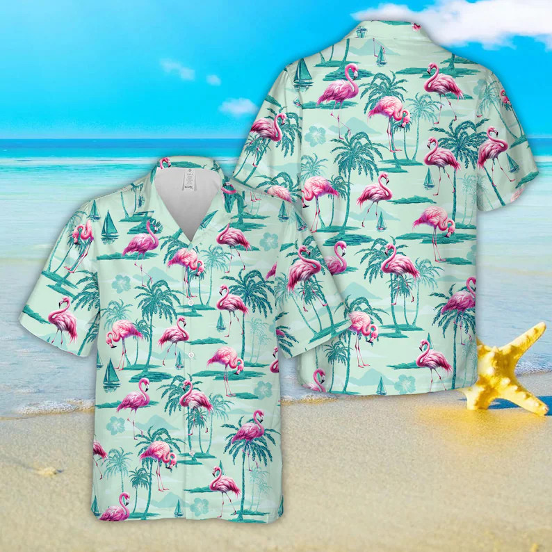Mint Flamingo Hawaiian Shirt For Men Women, Tropical Palms Flamingos Button Up