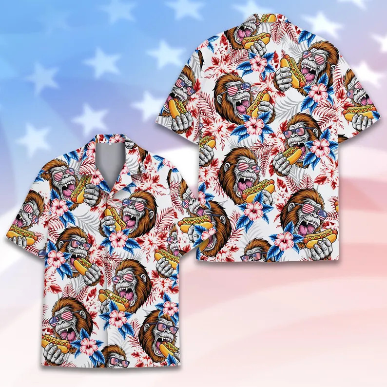 Funny Bigfoot Hawaiian Shirt For Men Women Youth, Patriotic Sasquatch Eating Hot