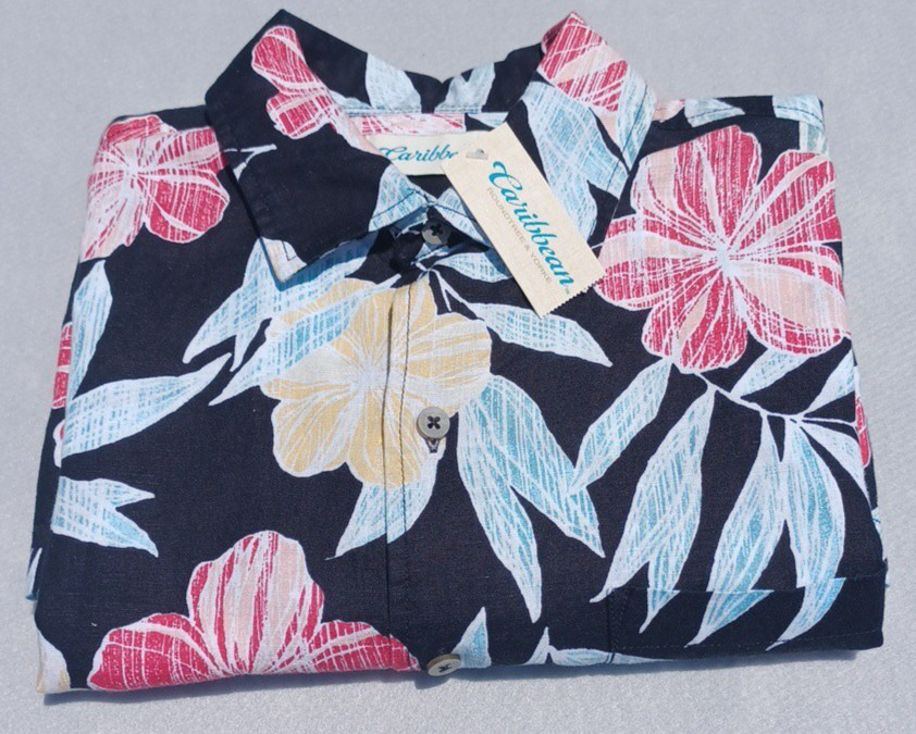 Caribbean Shirt NWT Men Large Linen Blend Hawaiian Floral Tropical Travel