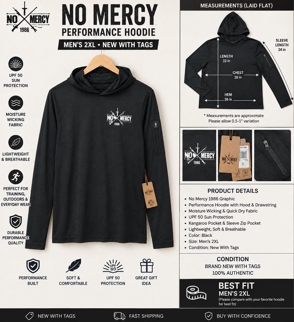 No Mercy Fishing Men’s UPF 50+ Long Sleeve Hooded Sun Shirt Black Size XXL