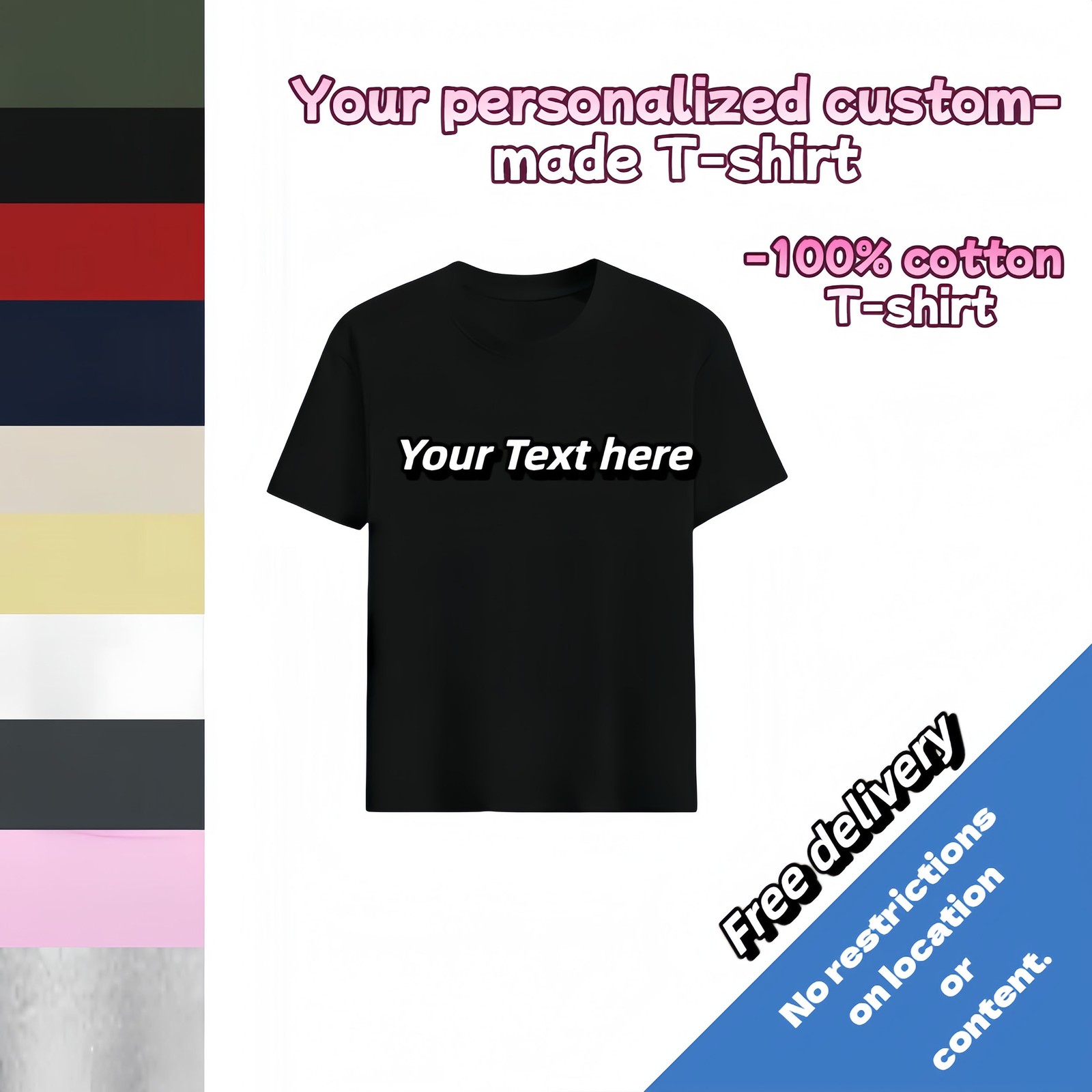 Customized text design, printed on personalized T-shirts.Design and print by you