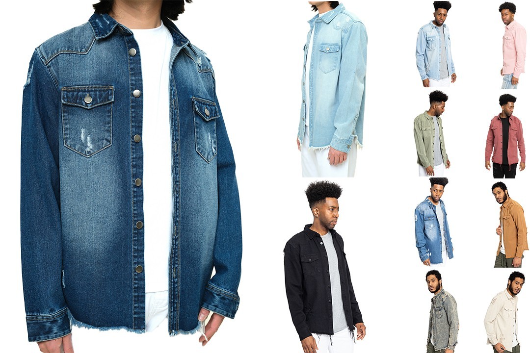 Victorious Men’s Long Sleeve Button Up Distressed Denim Jean Shirt Jacket DK158