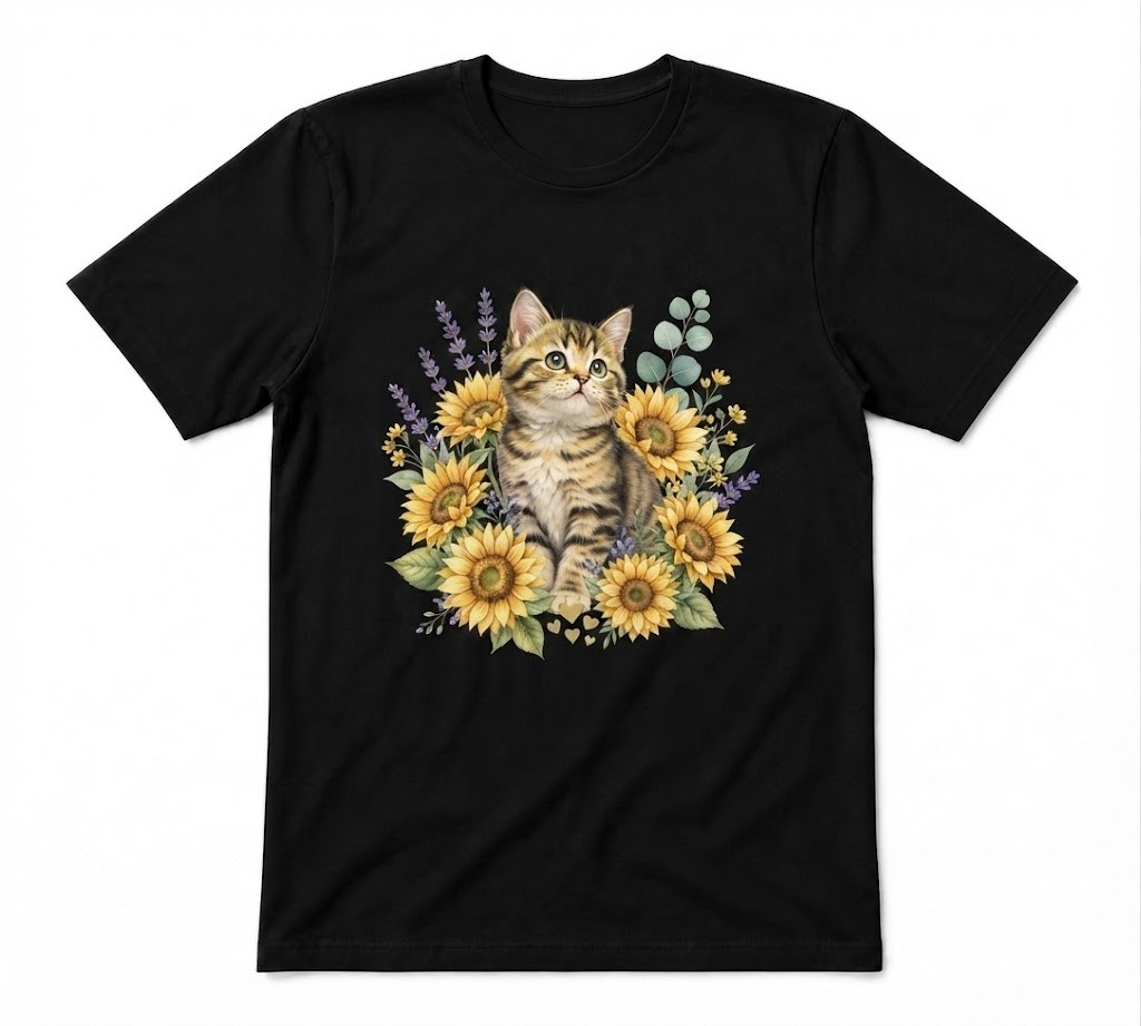 Sunflower Cat Cat And Sunflowers Floral Lover Gifts Tee Black T-shirt