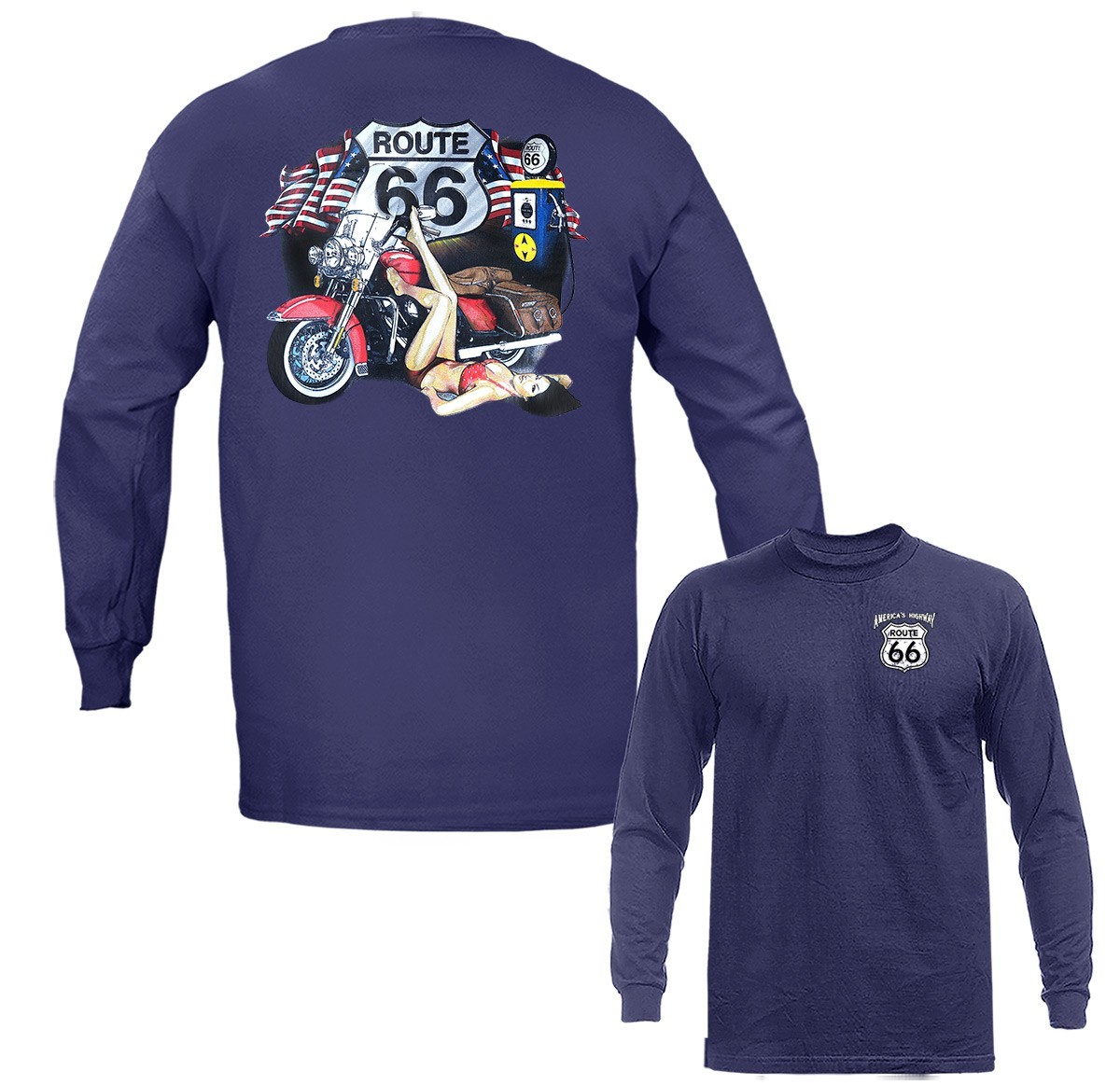 Route 66 Pinup Girl US Flag Bikers Garage Gas Station Long Sleeve T-Shirt