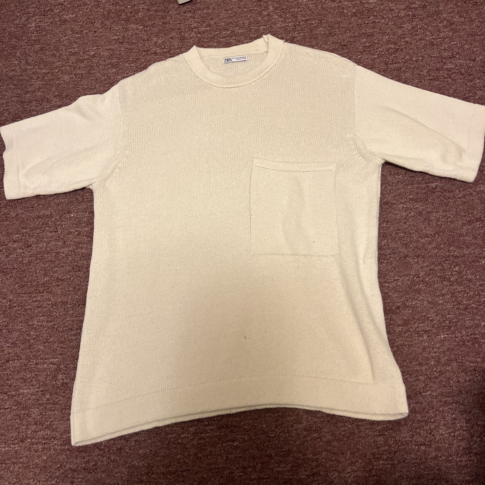 Zara Knitted Woven T Shirt Men Size Medium Beige Short Sleeve
