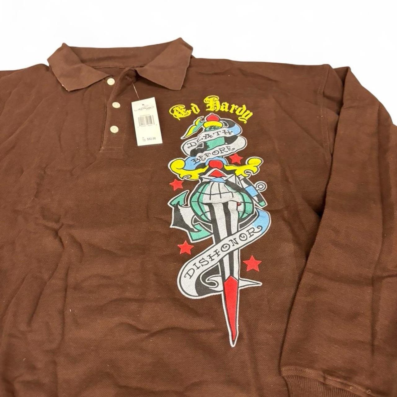 Y2K Ed Hardy Death Before Dishonor Polo Longsleeve shirt brown Tattoo Goth 5XL